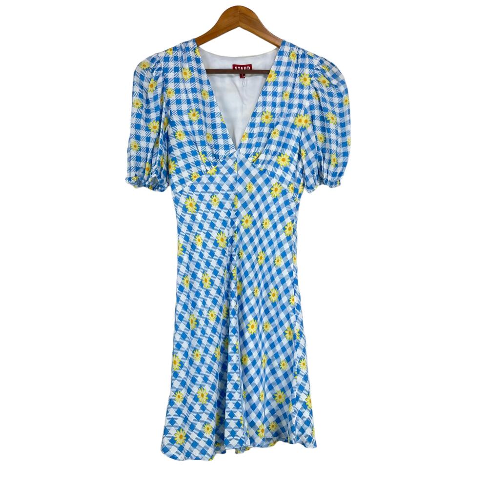 Staud Nwot Milla Dress Gingham Daisy Plaid Blue White Floral Puff Sleeve Size 0 View 2
